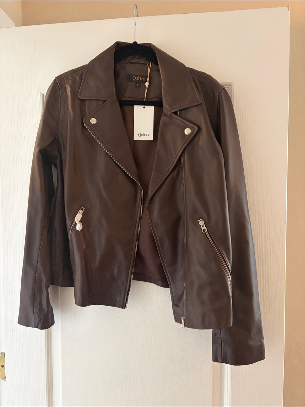 Quince Women's Dark Brown Leather Moto Jacket with Silver Hardware